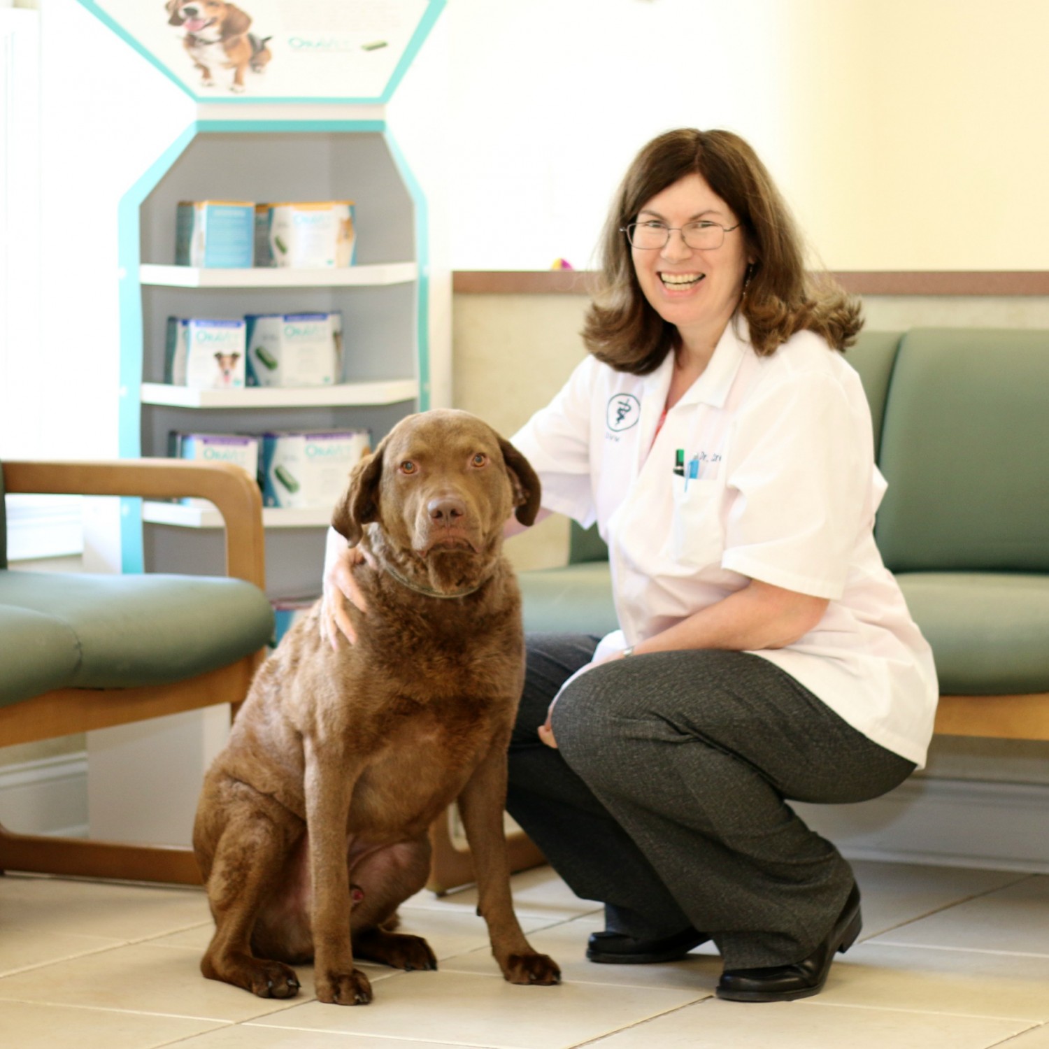 Veterinarian crouching and posing with brown dog